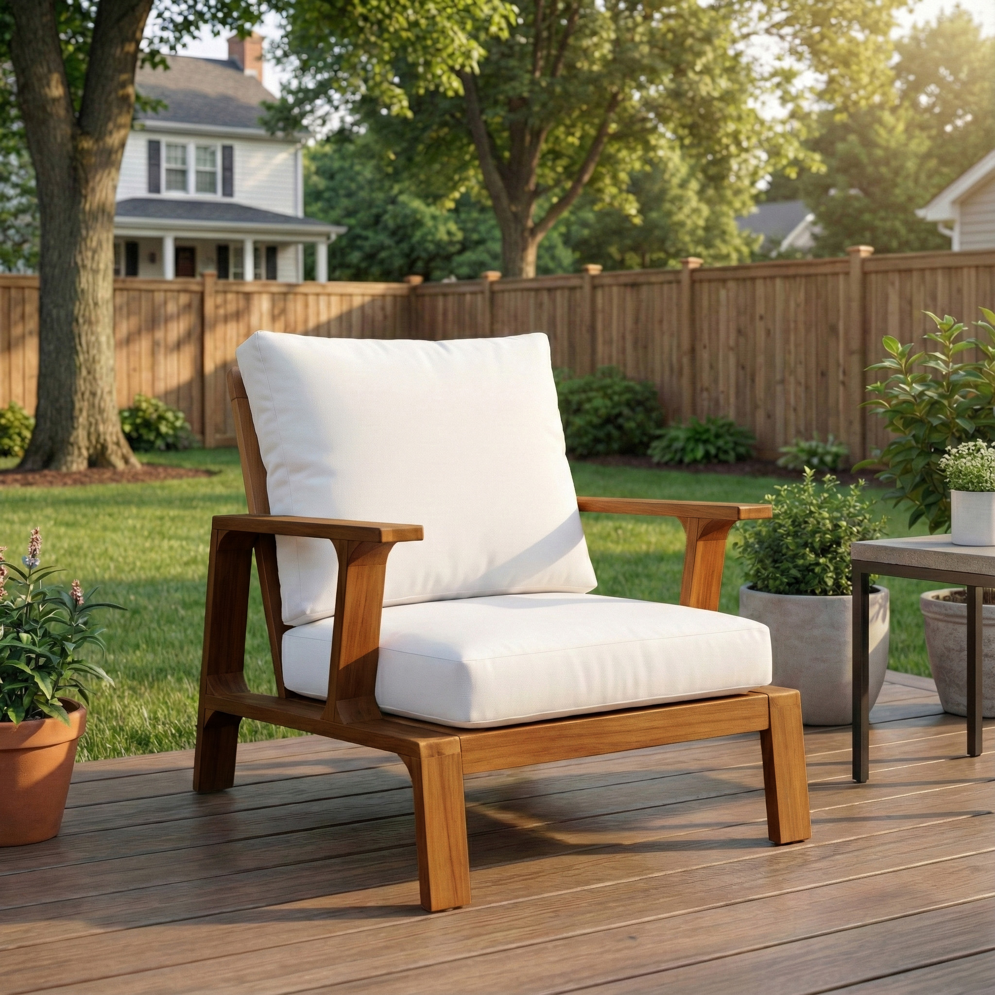 Euroco Patio Accent Chair 27.6" Wood Chair Outdoor Lounge Chair for Patios, Gardens, or Balcony, Teak Finish +White Cushion