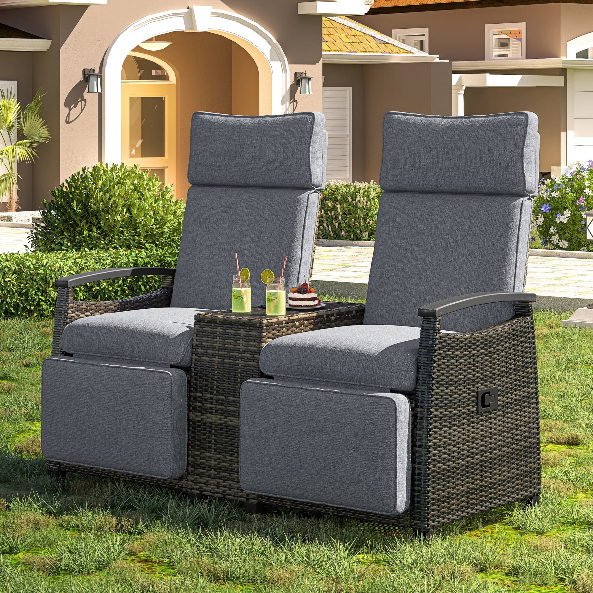 Euroco Patio Recliner Loveseat Chair – Adjustable Wicker Lounge Chair with Acacia Wood Armrests and Built‑In Storage Table, Gray