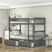 EEuroco Pine Wood Convertible Twin over Twin Bunk Bed with Storage 2 Drawers, Gray