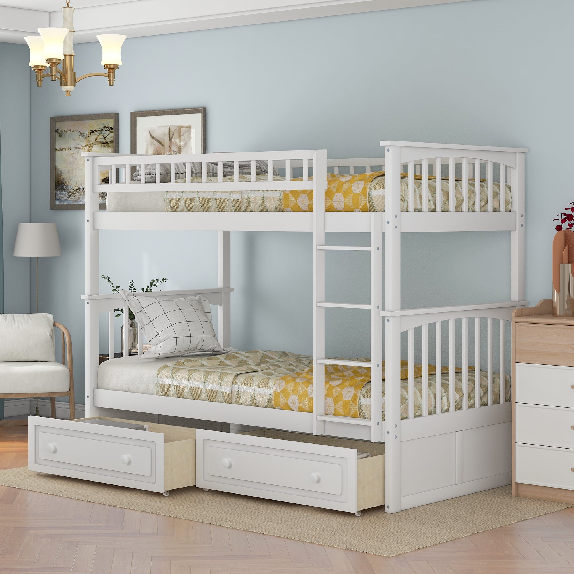 Euroco Pine Wood Bunk Bed with Storage 2 Drawers Twin over Twin Bunk Bed with Safety Rail and Ladder for Kids Converted into 2 Single Beds