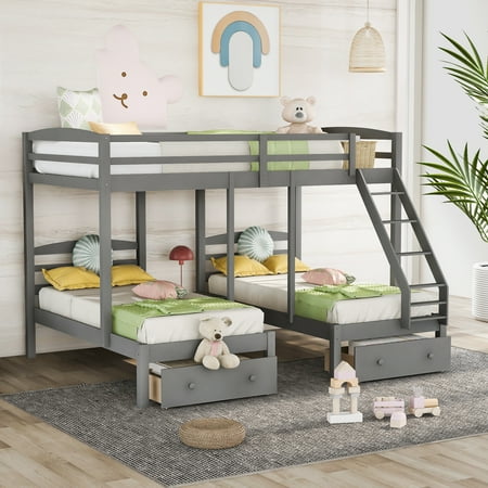Euroco Pine Wood Bunk Bed Storage, Full over Twin & Twin, Gray