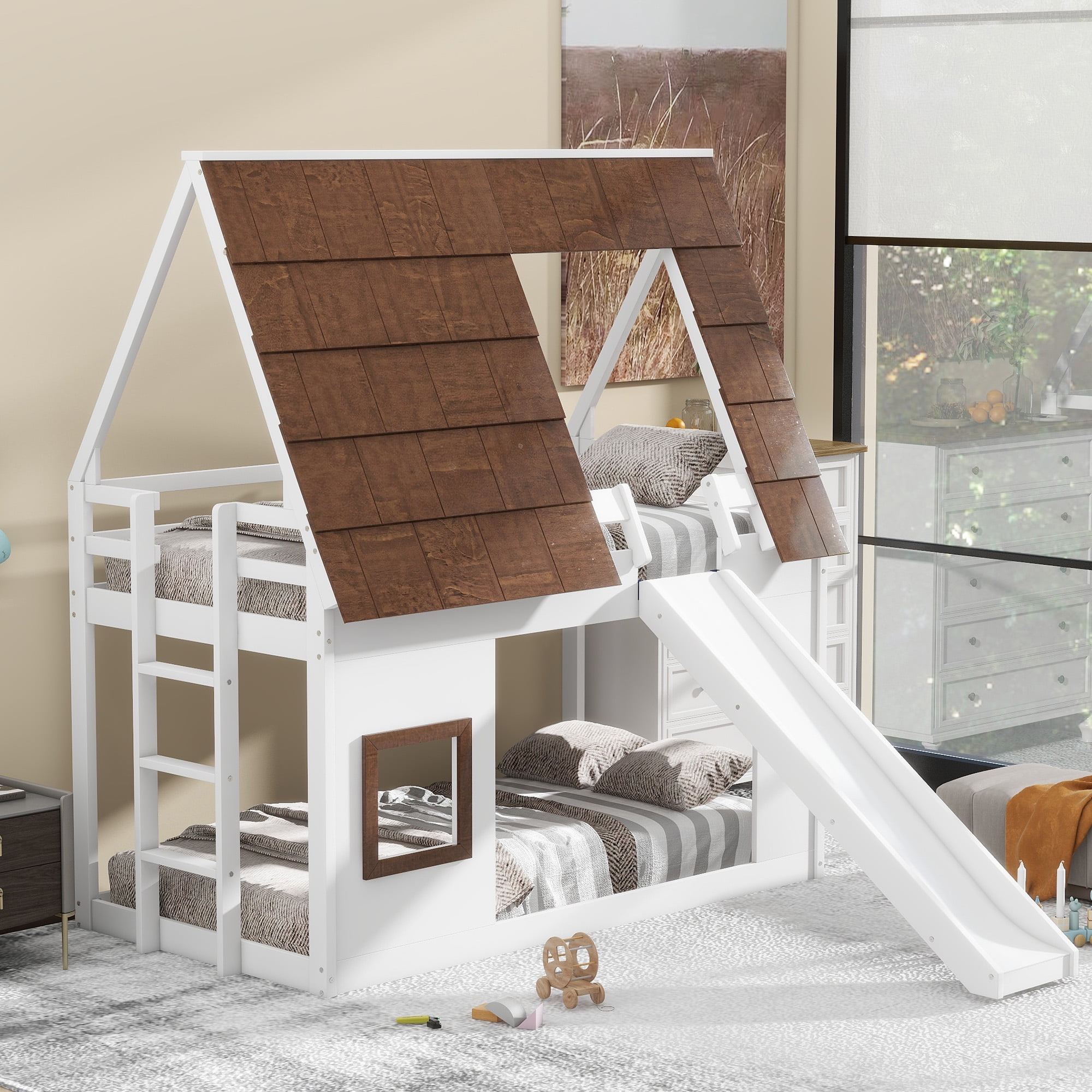 Euroco Pine Wood Bunk Bed, Twin for Kids Teens Bedroom, White