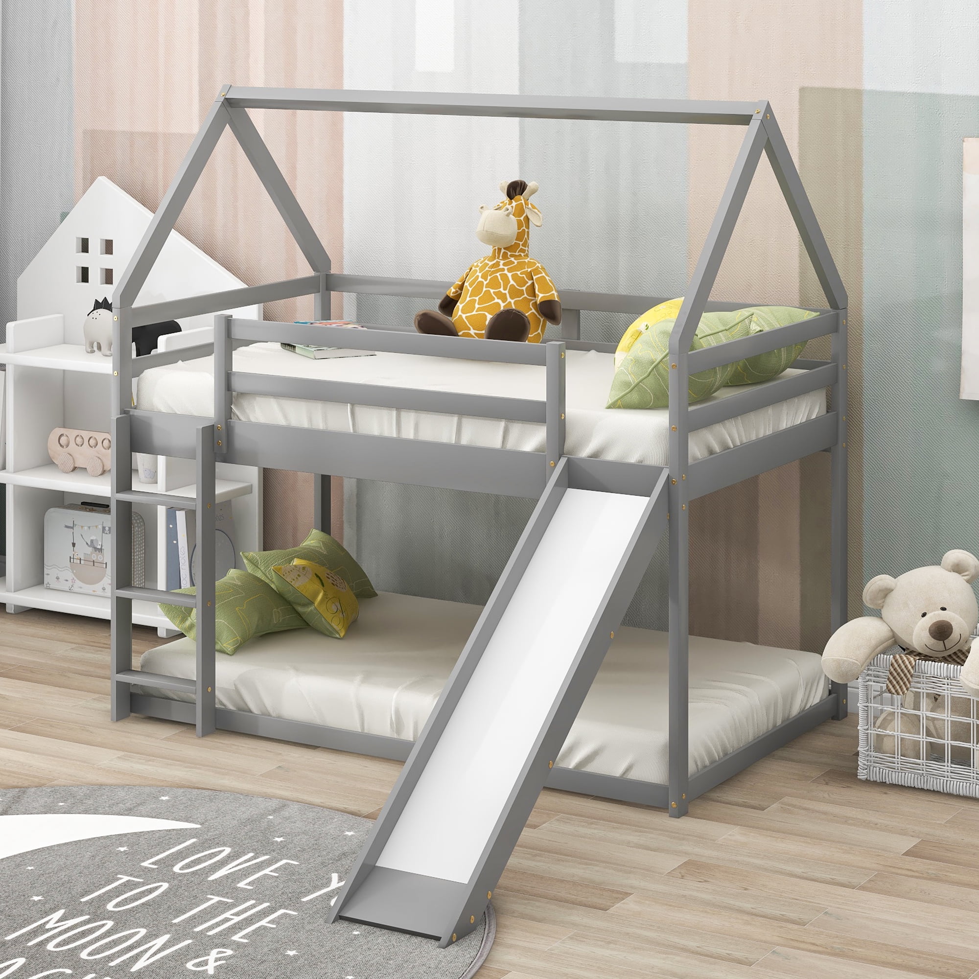 Euroco Pine Wood Bunk Bed, Twin-over-Twin Size with Slide for Bedroom, Gray