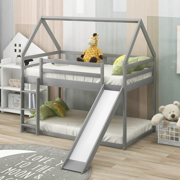 Euroco Pine Wood Bunk Bed, Twin-over-Twin Size with Slide for Bedroom, Gray