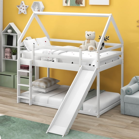 Euroco Pine Wood Bunk Bed, Twin-over-Twin with Slide for Kids Teens Bedroom, White