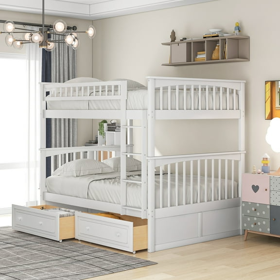 Euroco Pine Wood Bunk Bed with Storage, Full-over-Full Two Beds for Kids Teens, White