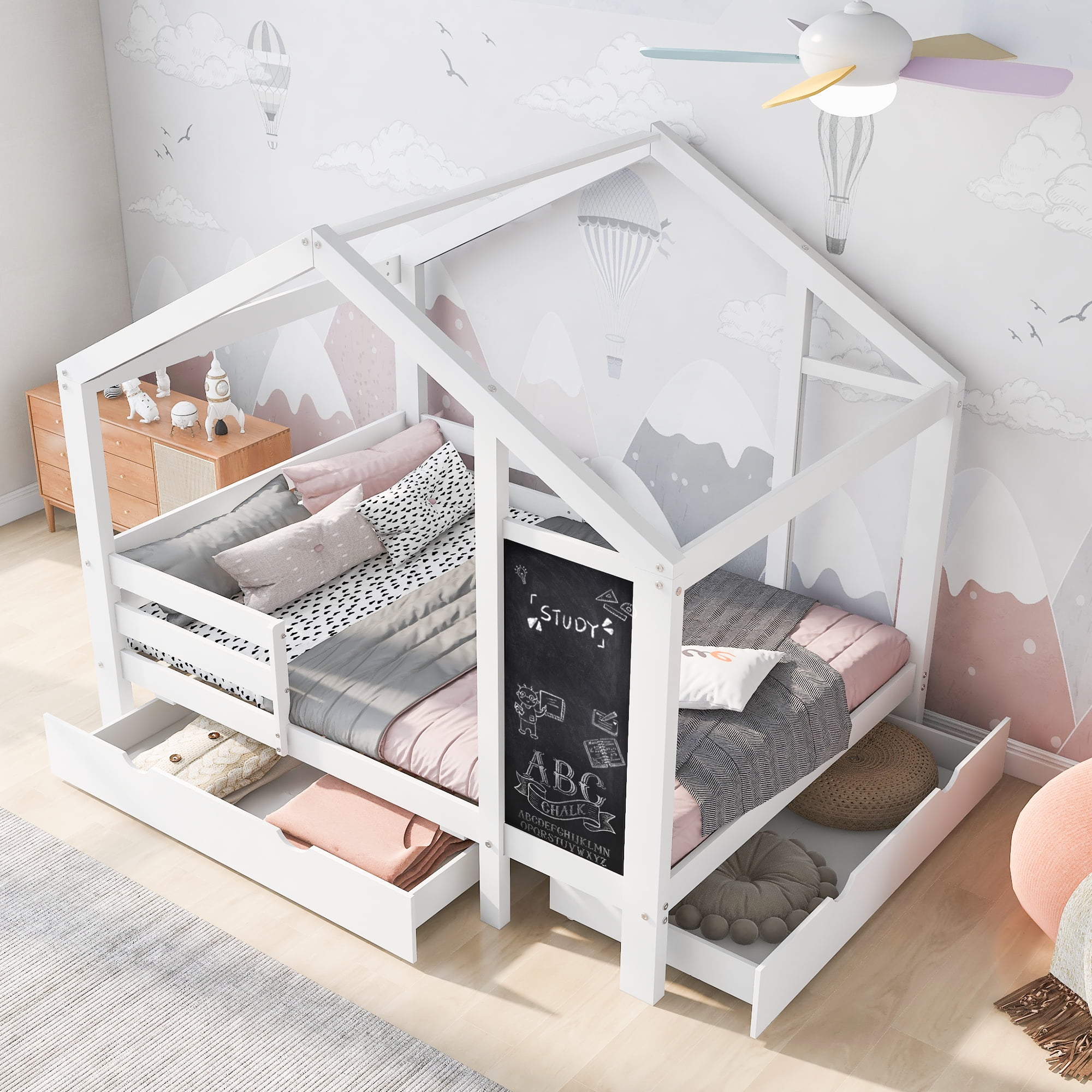 Euroco Pine Wood Full Size House Canopy Bed with Trundle and Blackboaed, Daybed with Drawers for Kids, White