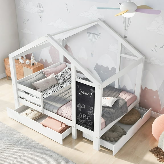 Euroco Pine Wood Full Size House Canopy Bed with Trundle and Blackboaed, Daybed with Drawers for Kids, White