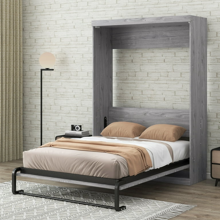 Euroco Pine Wood Full Size Murphy Bed Convertible Wall Bed Into Cabinet for Kids Gray