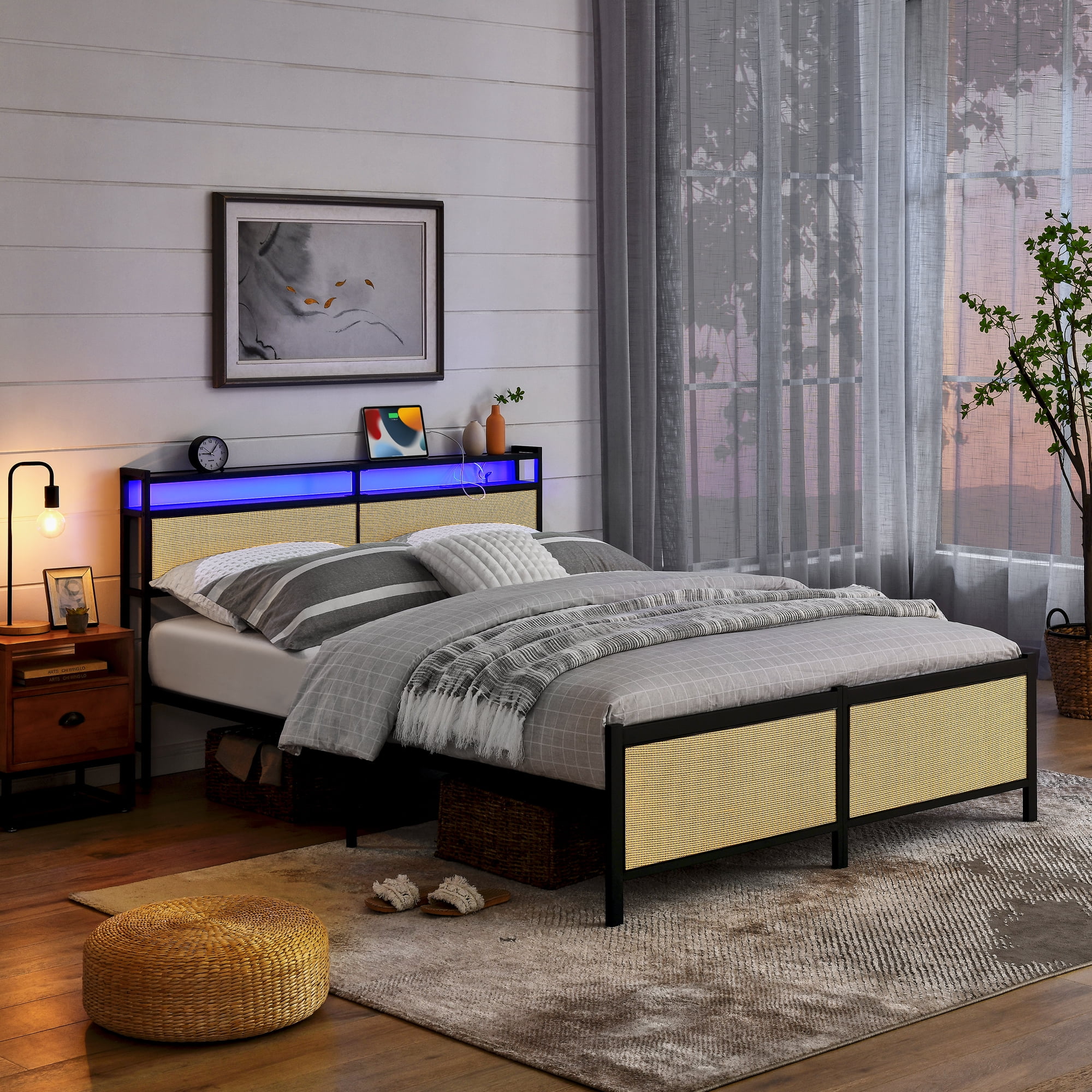 Euroco Metal Queen Platform Bed Frame with Storage Headboard and LED Light for Adults, Beige