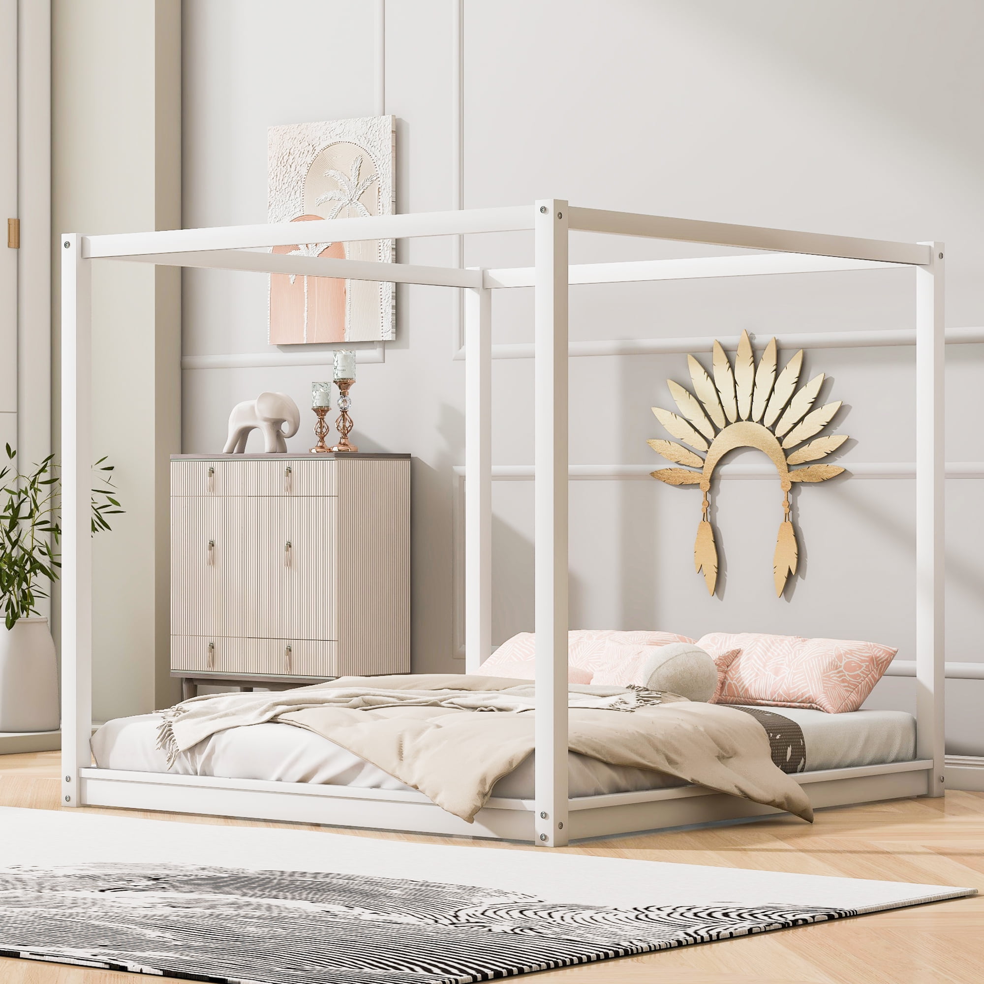 Euroco Pine Wood King Canopy Bed, Low Profile Platform Bed with