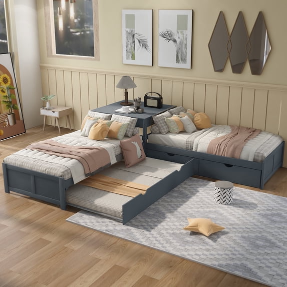 Euroco Pine Wood L-Shaped Twin Platform Bed with Trundle, 3 Beds in One for Bedroom, Trundle Bed with Drawers and Built-in Desk, Gray