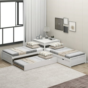 Euroco Pine Wood L-Shaped Twin Platform Bed with Trundle, 3 Beds in One for Bedroom, Trundle Bed with Drawers and Built-in Desk, White