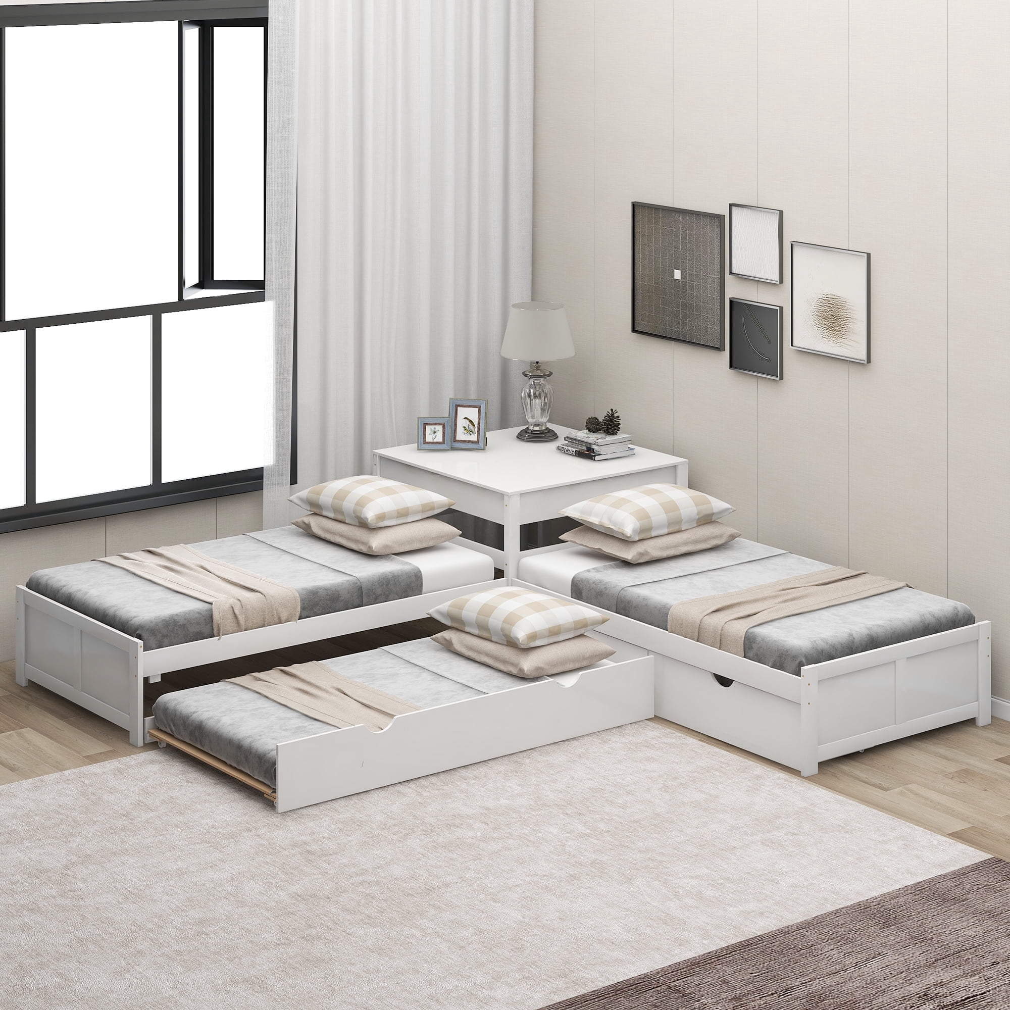 Euroco Pine Wood L-Shaped Twin Platform Bed with Trundle, 3 Beds in One for Bedroom, Trundle Bed with Drawers and Built-in Desk, White