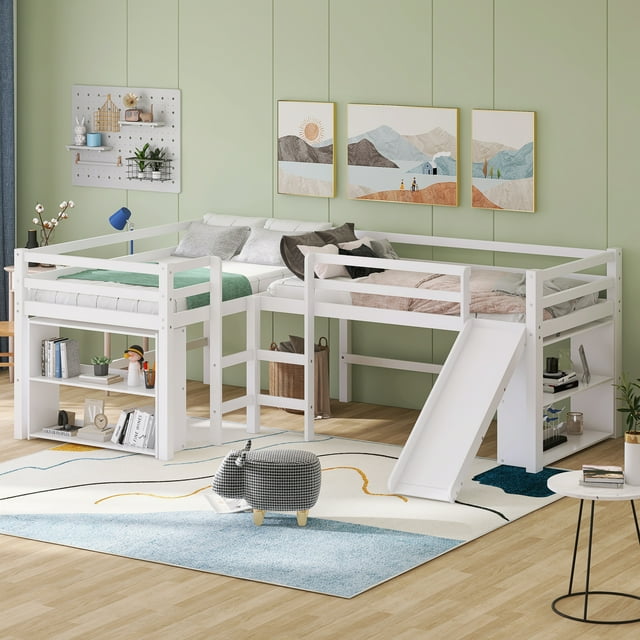 Euroco Pine Wood Loft Bed, 2in1 Bed with Moveable Shelf, Low Profile