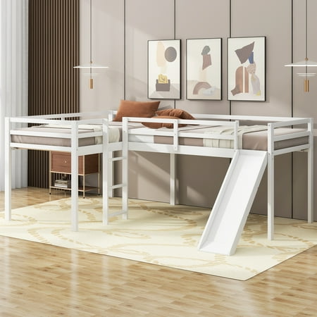 Euroco Pine Wood Loft Bed, 2-in-1 Beds for Kids Teens, Low Profile Loft with Slide for Kids, White