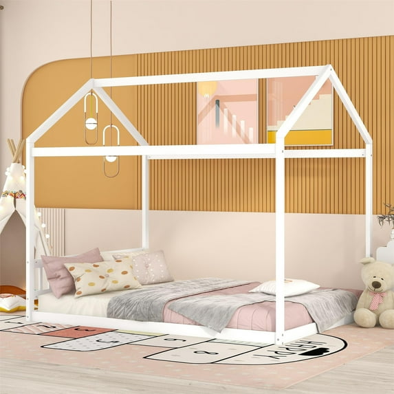 Euroco Pine Wood Queen Size House Shaped Canopy Bed for Adults Living Room, White