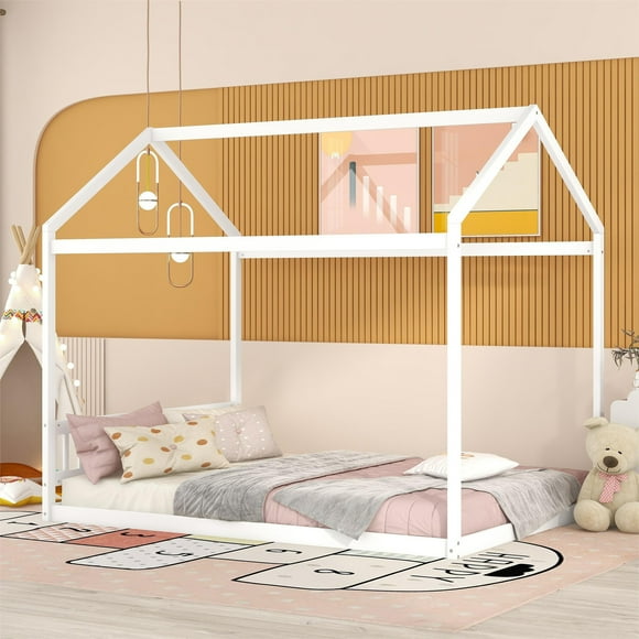 Euroco Pine Wood Queen Size House Shaped Canopy Bed for Adults Living Room, White