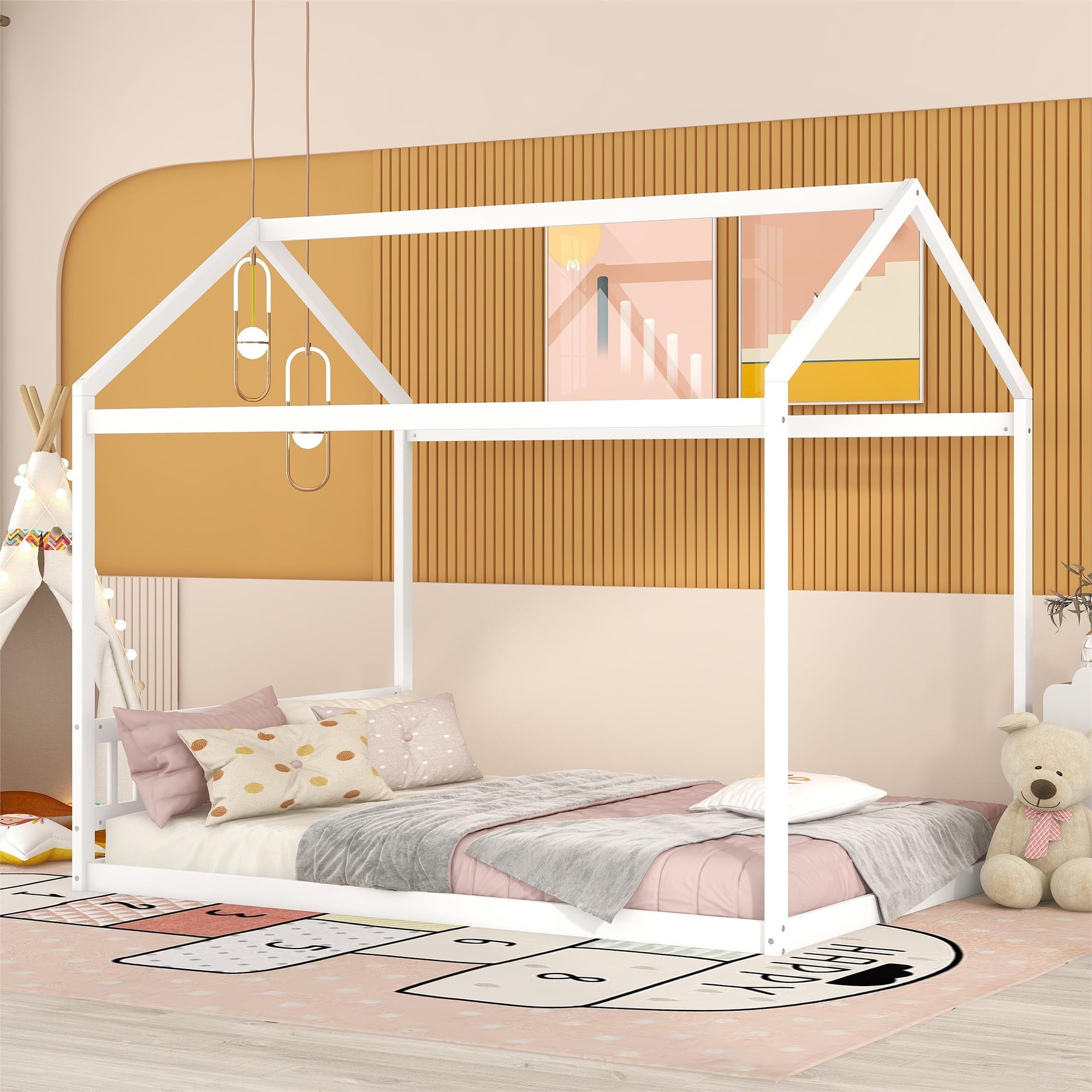 Euroco Pine Wood Queen Size House Shaped Canopy Bed for Adults Living