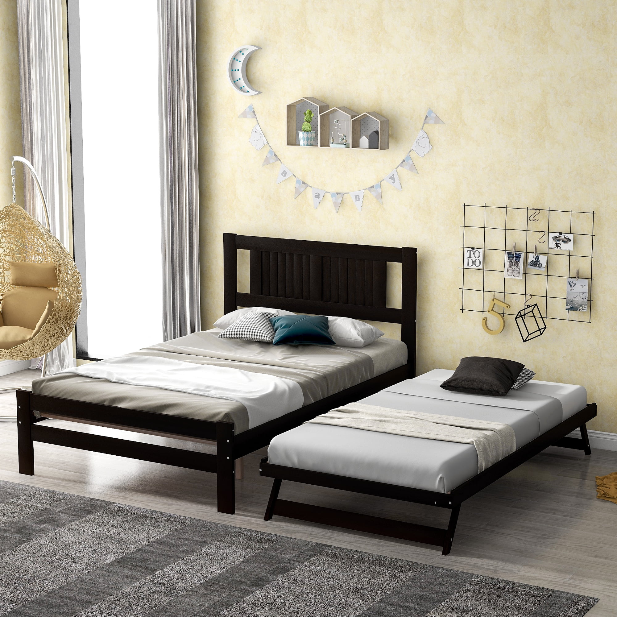 Euroco Pine Wood Space-Saving Platform Bed, Full for Kids Bedroom, Brown