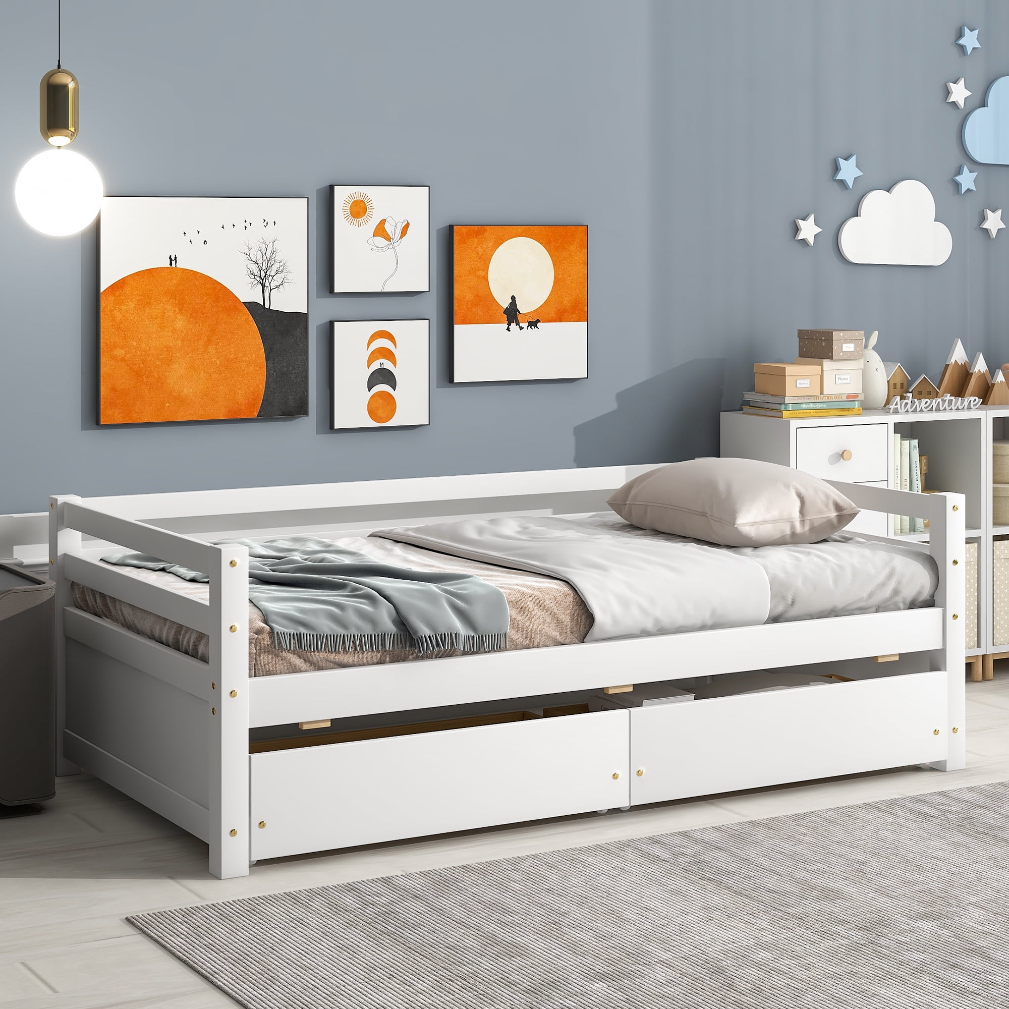 Euroco Pine Wood Storage Daybed with Two Drawers, Twin for Living Room, White