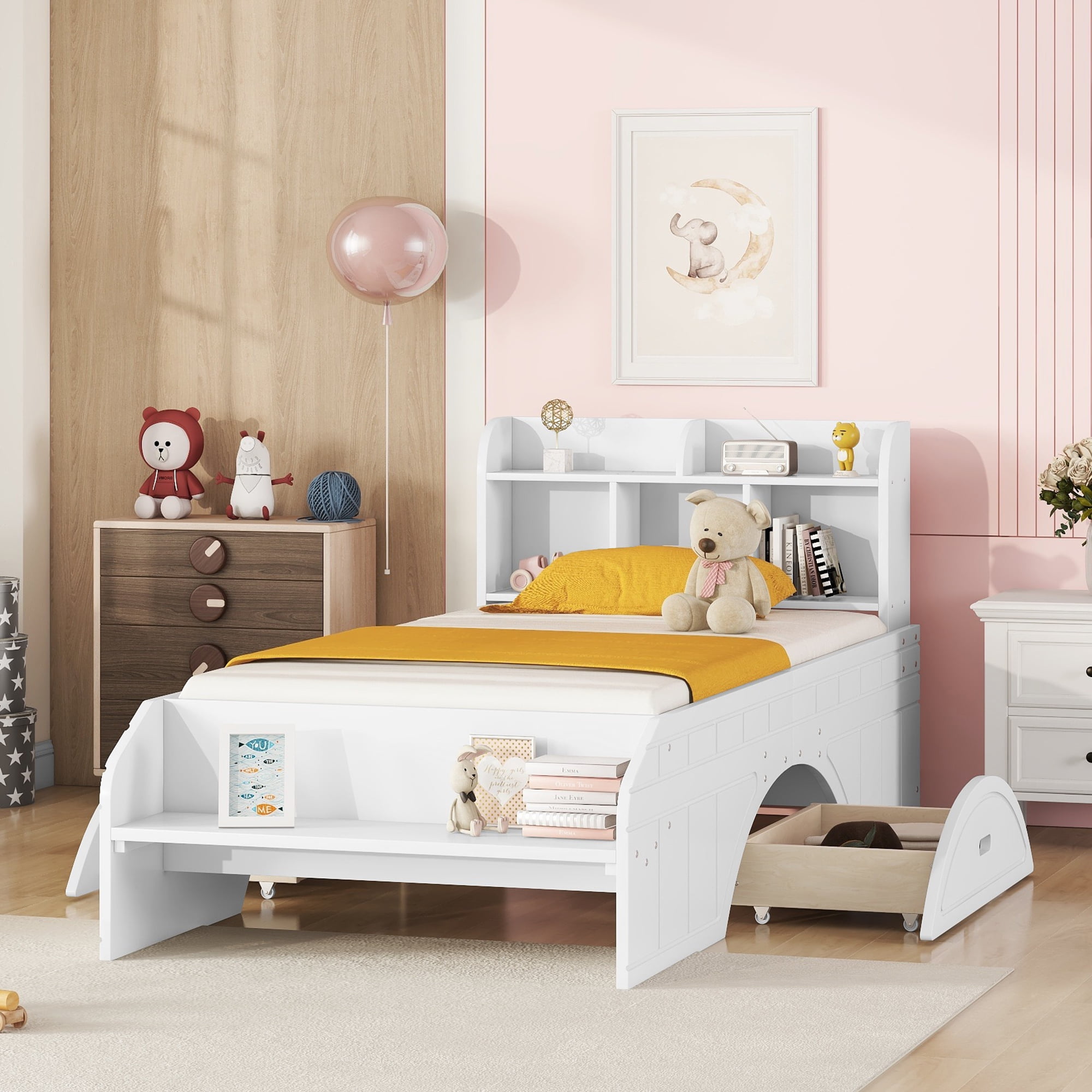 Euroco Pine Wood Storage Platform Bed with 2 Drawers and Shelves, Twin Size for Kids Teens, Green