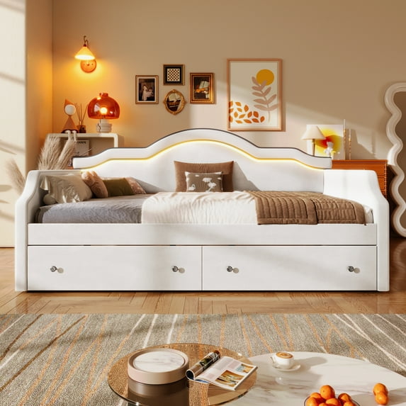 Euroco Upholstered Twin Size Daybed with 2 Drawers and LED Light, Beige