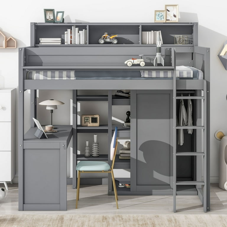 Euroco Pine Wood Twin Size Loft Bed with Desk Wardrobe with