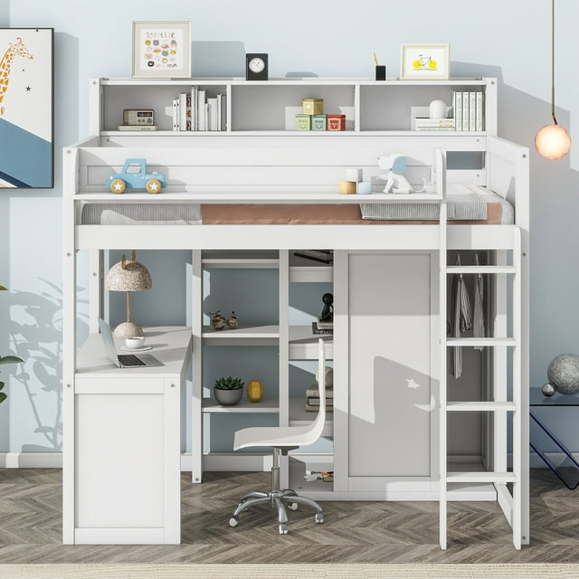Euroco Pine Wood Twin Size Loft Bed with Desk, Wardrobe with Clothes Hanger and Display Shelves for Kids Bedroom, White