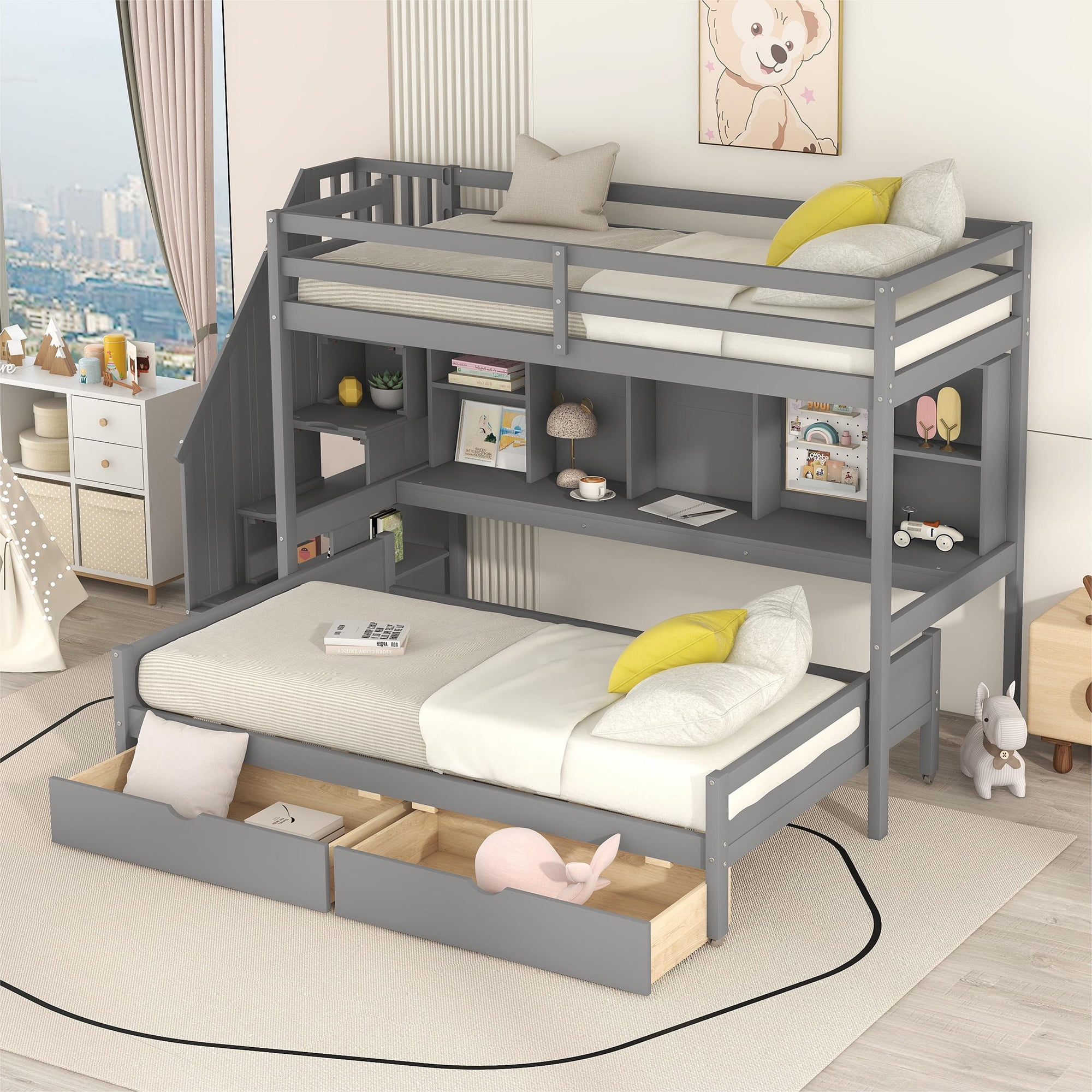 Euroco Pine Wood Twin XL over Full Bunk Bed with Storage Shelves and