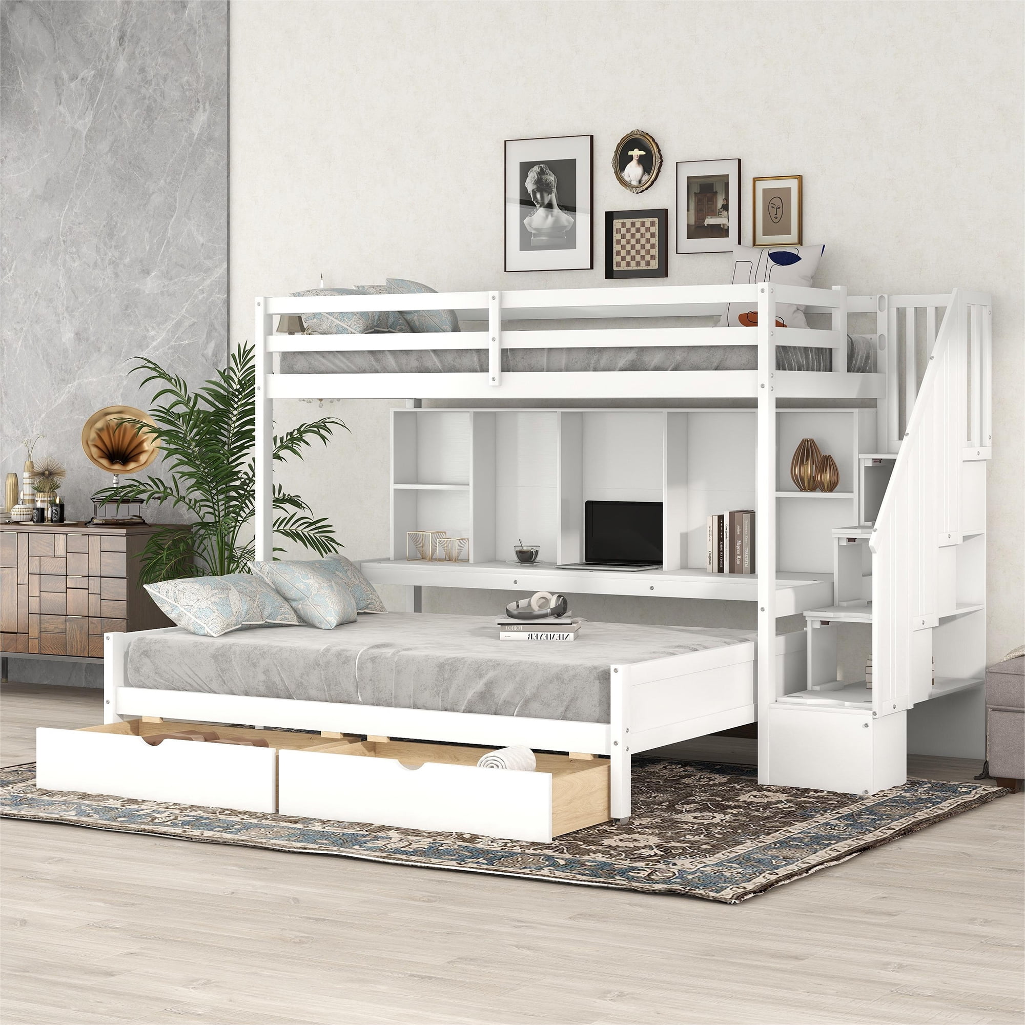 Euroco Pine Wood Twin XL over Full Bunk Bed with Storage Shelves and