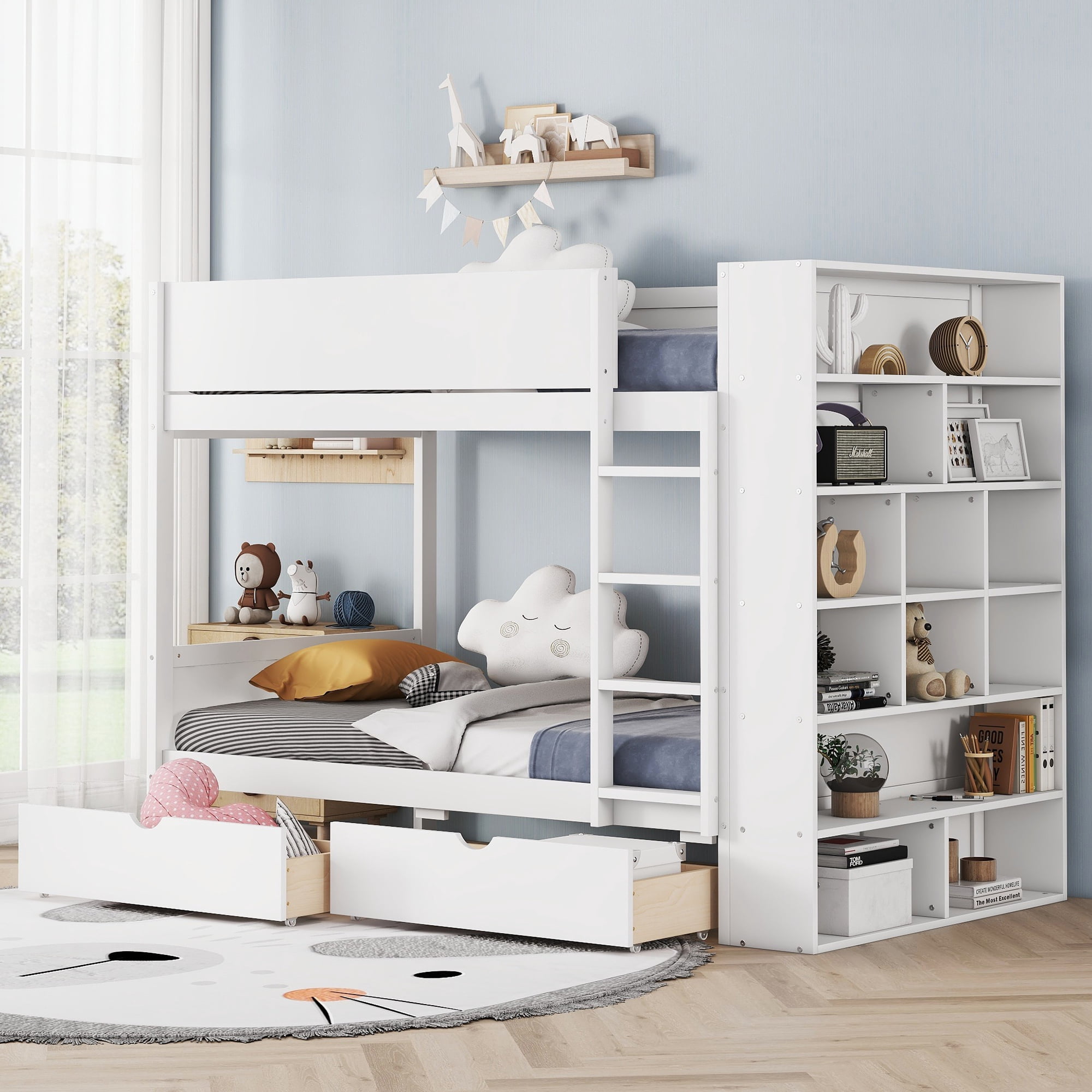 Euroco Pine Wood Twin over Twin Bunk Bed, Storage Bed with Cabinets and Shelves for Kids Teens, Sapce-Saving Design, White