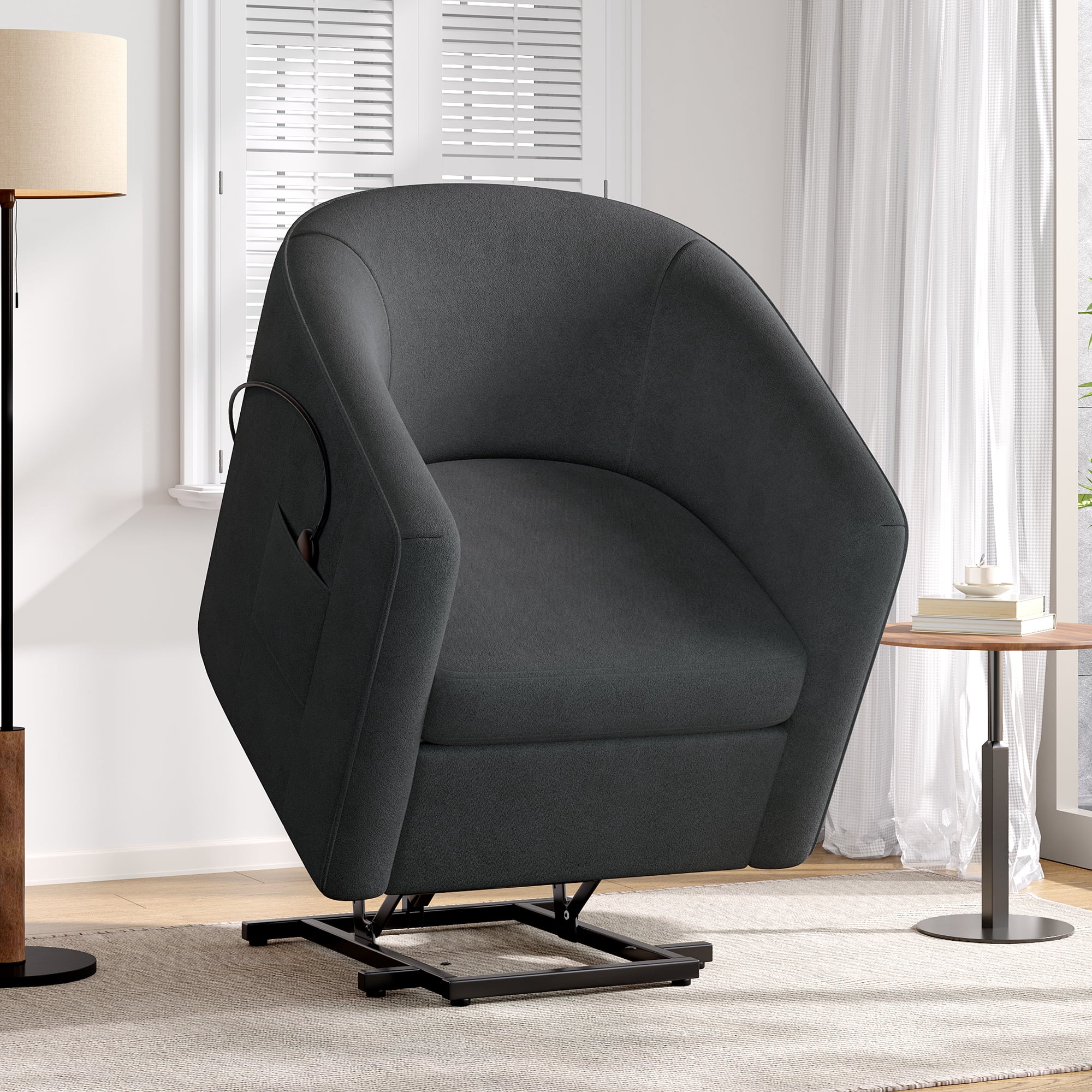 Euroco Power Lift Recliner Chair, Barrel Shape Lift Assist Reclining Chair with Footrest and Side Pocket,Chenille Upholstery Electric Lift Chair for Seniors,Dark Grey