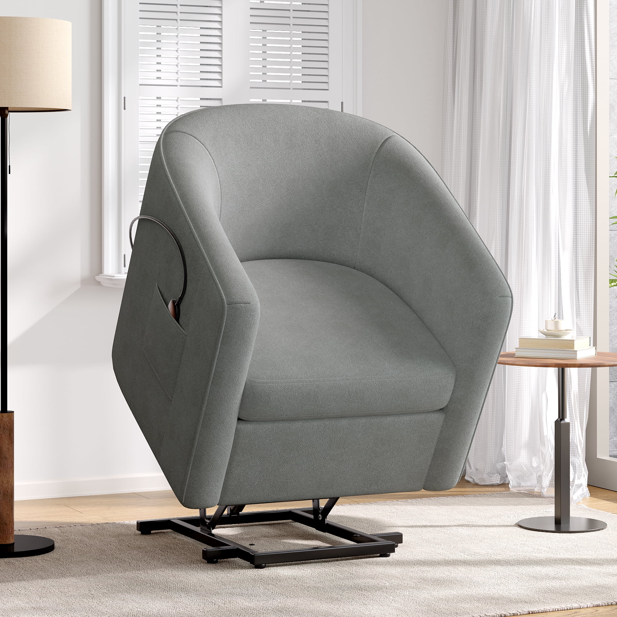 Euroco Power Lift Recliner Chair, Barrel Shape Lift Assist Reclining Chair with Footrest and Side Pocket,Chenille Upholstery Electric Lift Chair for Seniors,Grey