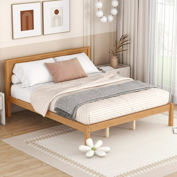 Euroco Queen Platform Bed, Modern Wood Frame Bed with Headboard and Slats for Living Room,Adults,Oak