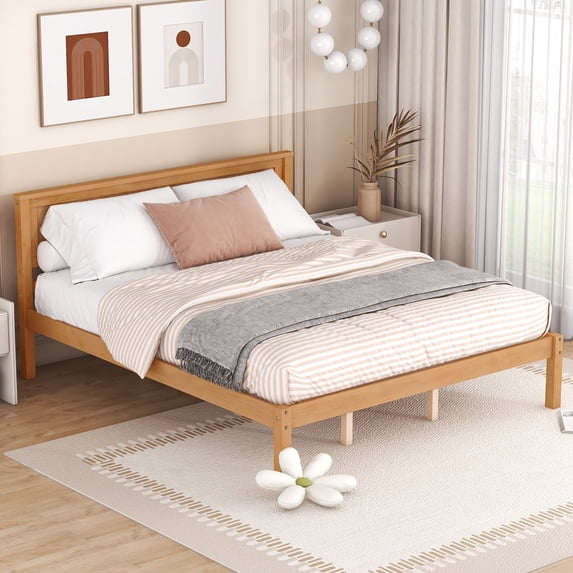 Euroco Queen Platform Bed, Modern Wood Frame Bed with Headboard and Slats for Living Room,Adults,Oak