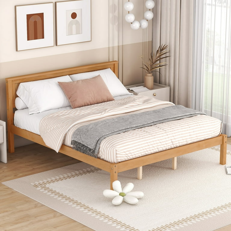 Euroco Queen Platform Bed Modern Wood Frame Bed with Headboard