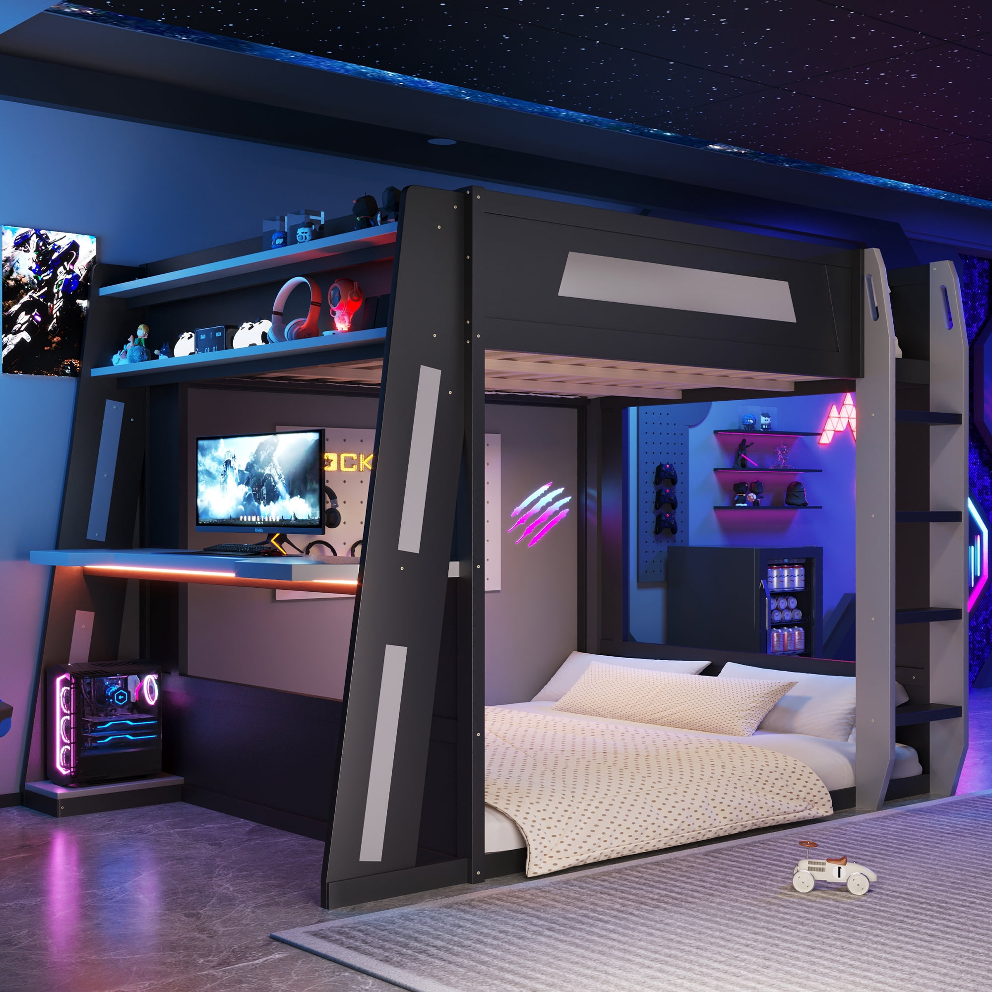 Euroco Queen Size Bunk Bed with Desk and Shelves, Gaming Bed with LED Light and USB Charging, Black & Grey