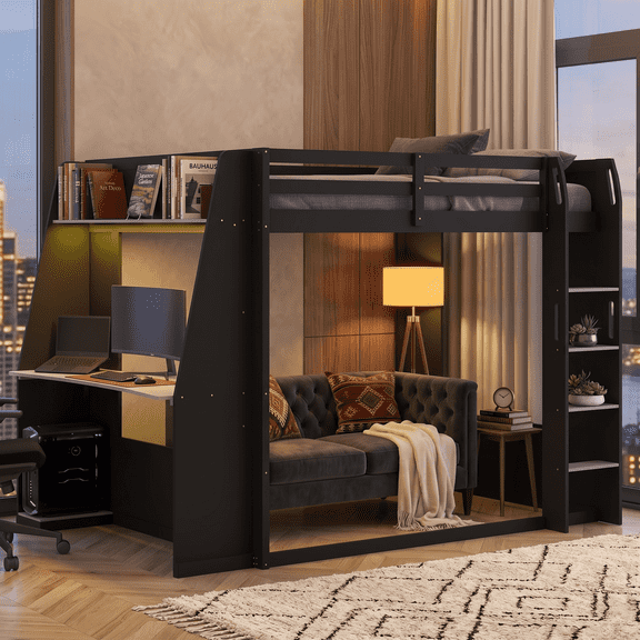 Euroco Queen Size Bunk Bed with Desk and Shelves, Gaming Bed with LED Light and USB Charging, Black & Grey