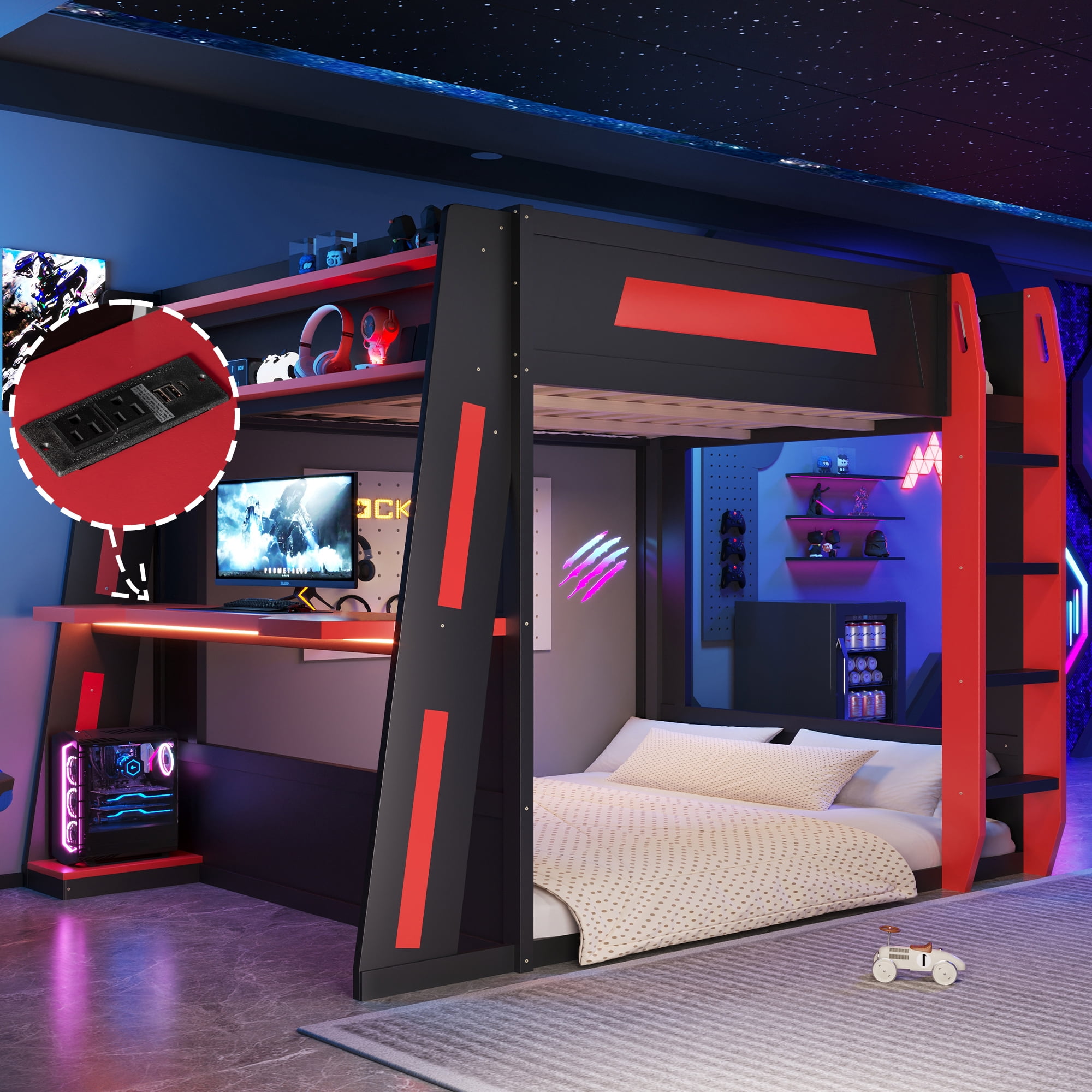 Euroco Queen Size Bunk Bed with Desk and Shelves, Gaming Bed with LED Light and USB Charging, Black & Red