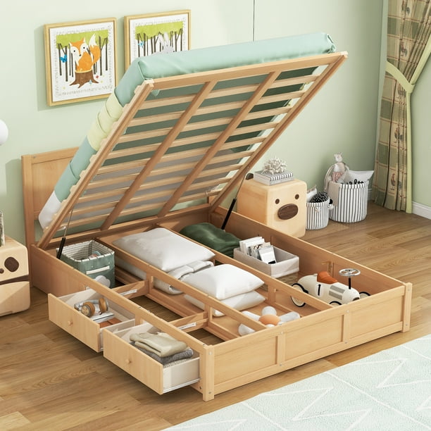 Euroco Queen Size Lift Up Storage Bed Underbed Frame with 2 Drawers Hydraulic System No Box Spring Needed Easy Assembly Wood