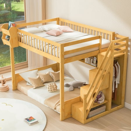 Euroco Queen Size Loft Bed with Desk and Wardrobe, Storage Bed with Staircase, Natural