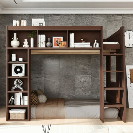 Euroco Queen Size Loft Bed with Storage Bookshelves, Brown