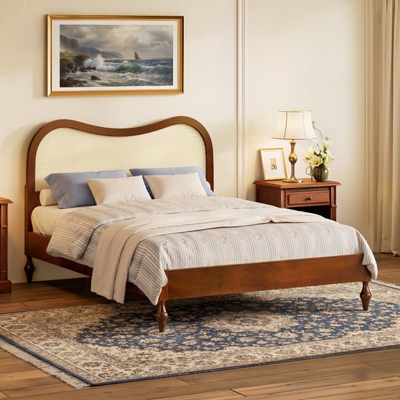 Euroco Queen Size Mid-Century Wood Platform Bed with Curved Rattan Cane Headboard, Scandinavian Natural Style Bed, No Box Spring Needed, Walnut