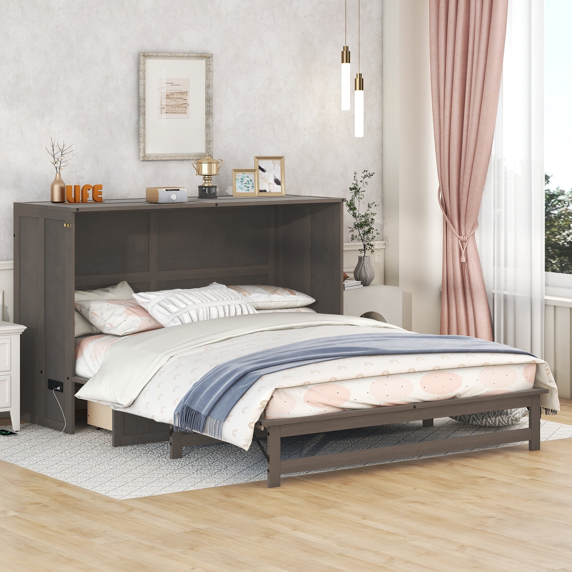 Euroco Queen Size Murphy Bed, Wood Wall Bed with Desk Drawers USB Charging, Easy Assemble for Living Room Adutls, Antique Grey
