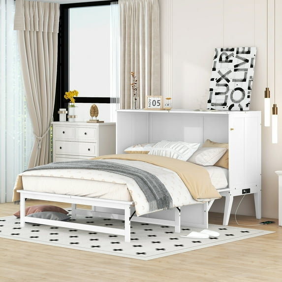 Euroco Queen Size Murphy Bed Wood with Desk and Storage, USB Charging and Shelves for Kids Adults, White