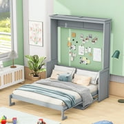 Euroco Queen Size Murphy Bed with Desk and Shelves, Convertible Wall Bed into Cabinet for Living Room, Easy Open and Close, Gray