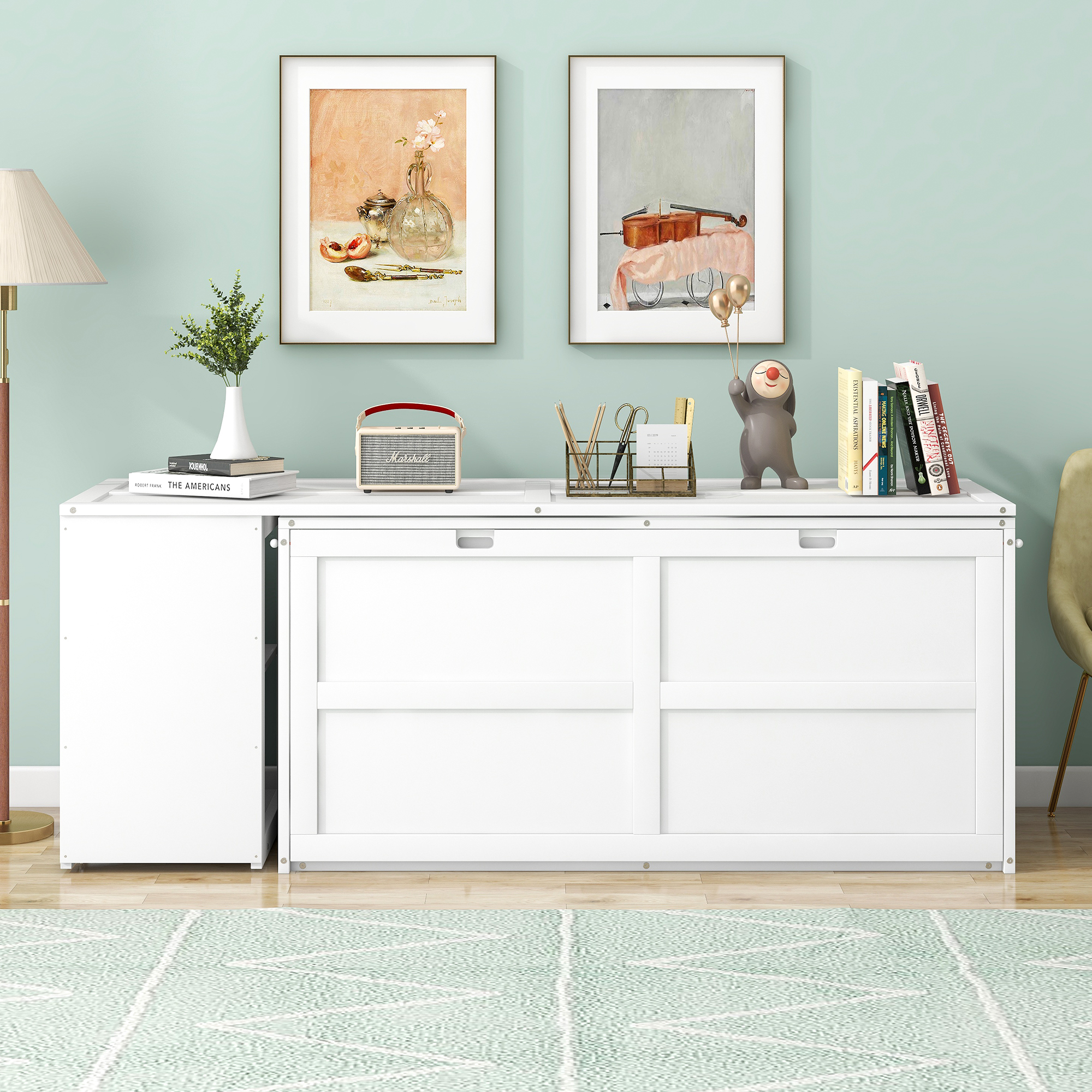 Euroco Queen Size Murphy Bed with Movable Desk, White