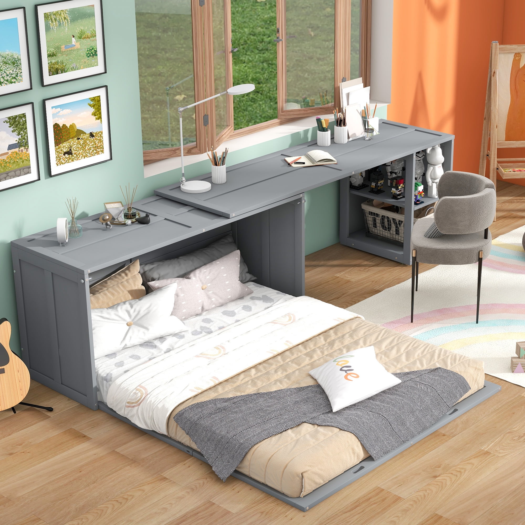Euroco Horizontal Cabinet Murphy Queen Bed with Rotable Office Desk and Shelf Space Saving Easy Open Close Gray