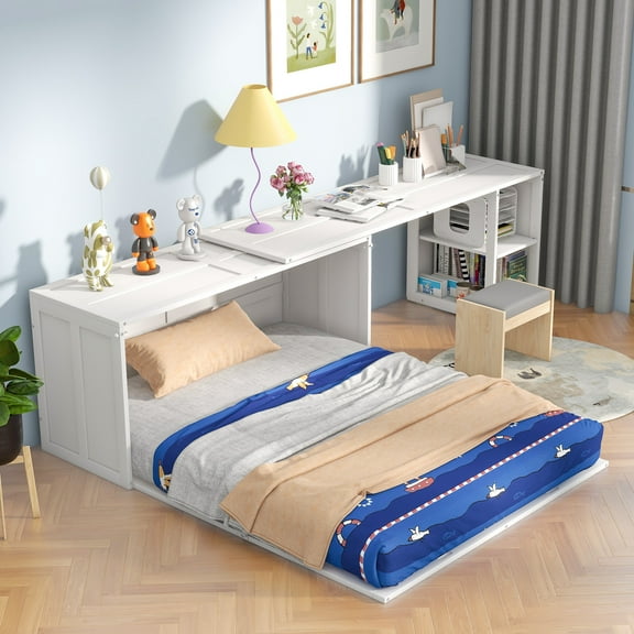 Euroco Queen Size Murphy Bed with Rotable Desk and Shelf for Living Room, Sapce-Saving & Easy Open and Close,  White